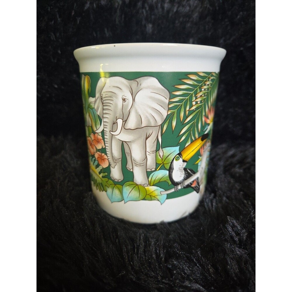 Rain Forest African Animals Lion Elephant Zebra Toucan On Wine/Utensil Crock